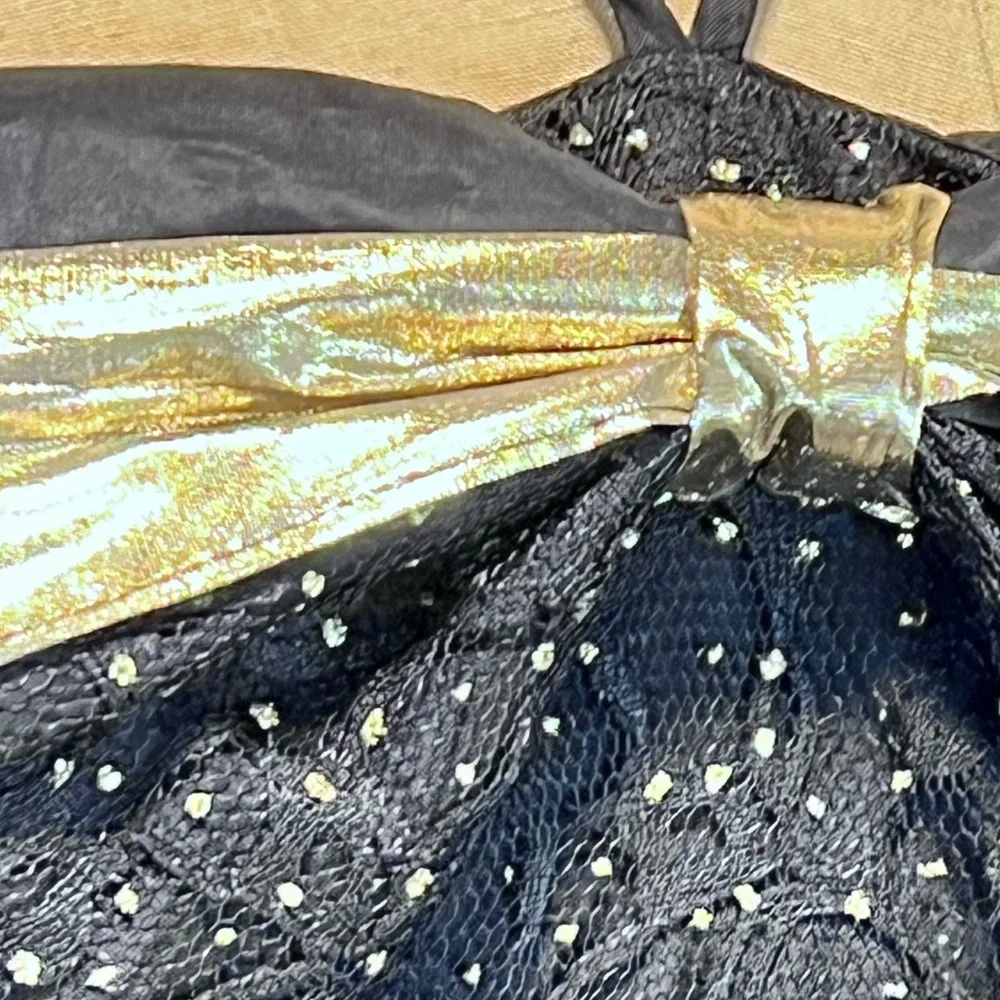VINTAGE 80s starry night formal prom dress midi strapless halter metallic‎ gold